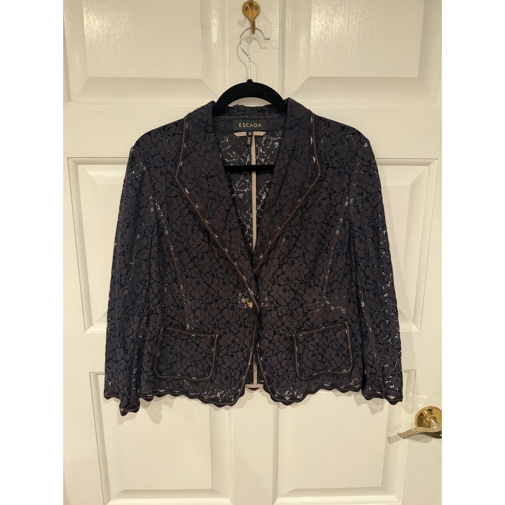 Escada Navy Blue Floral Lace Blazer Jacket Scalloped Hem Size 38 EU